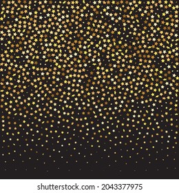 Star Sequin Confetti sobre fondo negro. Glitter de oro vectorial. Cayendo partículas en el suelo. Tarjeta de cumpleaños plana aislada. Cartel de las estrellas de oro. Plantilla de tarjeta regalo de cupón. Marco de fiesta de Navidad.