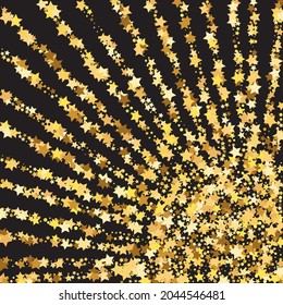 Star Sequin Confetti on Black Background. Christmas Party Frame. Voucher Gift Card Template. Vector Gold Glitter. Falling Particles on Floor. Isolated Flat Birthday Card. Golden Stars Banner.