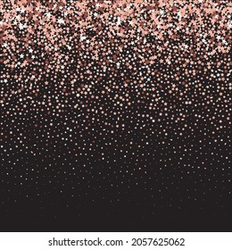 Star Sequin Confetti on Black Background. Voucher Gift Card Template. Isolated Flat Birthday Card. Golden Stars Banner. Vector Gold Glitter. Falling Particles on Floor. Christmas Party Frame.