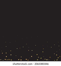 Star Sequin Confetti on Black Background. Christmas Party Frame. Isolated Flat Birthday Card. Golden Stars Banner. Voucher Gift Card Template. Vector Gold Glitter. Falling Particles on Floor.