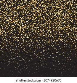 Star Sequin Confetti sobre fondo negro. Glitter de oro vectorial. Cayendo partículas en el suelo. Marco de fiesta de Navidad. Plantilla de tarjeta regalo de cupón. Tarjeta de cumpleaños plana aislada. Cartel de las estrellas de oro.