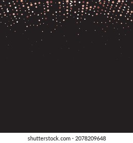 Star Sequin Confetti on Black Background. Christmas Party Frame. Vector Gold Glitter. Falling Particles on Floor. Voucher Gift Card Template. Isolated Flat Birthday Card. Golden Stars Banner.