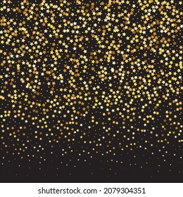Star Sequin Confetti on Black Background. Isolated Flat Birthday Card. Golden Stars Banner. Christmas Party Frame. Voucher Gift Card Template. Vector Gold Glitter. Falling Particles on Floor.