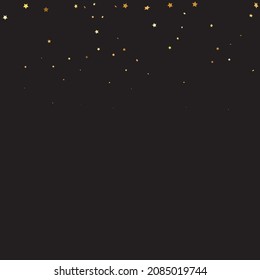 Star Sequin Confetti on Black Background. Voucher Gift Card Template. Isolated Flat Birthday Card. Golden Stars Banner. Christmas Party Frame. Vector Gold Glitter. Falling Particles on Floor.