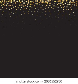 Star Sequin Confetti auf schwarzem Hintergrund. Weihnachtsfeierrahmen. Vector Gold Glitter. Fallende Partikel auf dem Boden. Gutscheinkarten-Vorlage. Einzeln-Flach-Geburtstagskarte. Banner der goldenen Sterne.