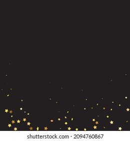 Star Sequin Confetti on Black Background. Vector Gold Glitter. Falling Particles on Floor. Christmas Party Frame. Isolated Flat Birthday Card. Golden Stars Banner. Voucher Gift Card Template.