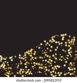 Star Sequin Confetti on Black Background. Isolated Flat Birthday Card. Golden Stars Banner. Voucher Gift Card Template. Christmas Party Frame. Vector Gold Glitter. Falling Particles on Floor.