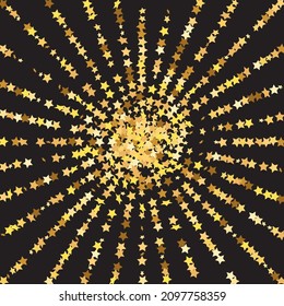 Star Sequin Confetti on Black Background. Christmas Party Frame. Isolated Flat Birthday Card. Golden Stars Banner. Voucher Gift Card Template. Vector Gold Glitter. Falling Particles on Floor.