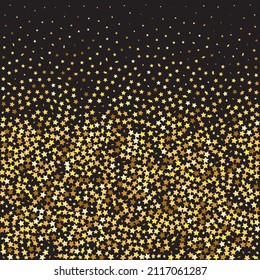 Star Sequin Confetti on Black Background. Christmas Party Frame. Vector Gold Glitter. Falling Particles on Floor. Voucher Gift Card Template. Isolated Flat Birthday Card. Golden Stars Banner.