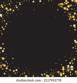 Star Sequin Confetti on Black Background. Isolated Flat Birthday Card. Golden Stars Banner. Vector Gold Glitter. Falling Particles on Floor. Christmas Party Frame. Voucher Gift Card Template.