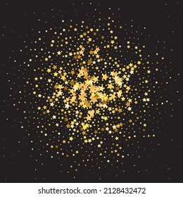 Star Sequin Confetti on Black Background. Christmas Party Frame. Voucher Gift Card Template. Vector Gold Glitter. Falling Particles on Floor. Isolated Flat Birthday Card. Golden Stars Banner.