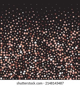 Star Sequin Confetti sobre fondo negro. Marco de fiesta de Navidad. Glitter de oro vectorial. Cayendo partículas en el suelo. Tarjeta de cumpleaños plana aislada. Cartel de las estrellas de oro. Plantilla de tarjeta regalo de cupón.