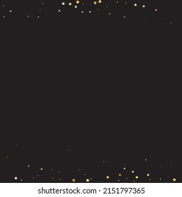 Star Sequin Confetti sobre fondo negro. Glitter de oro vectorial. Cayendo partículas en el suelo. Tarjeta de cumpleaños plana aislada. Cartel de las estrellas de oro. Marco de fiesta de Navidad. Plantilla de tarjeta regalo de cupón.