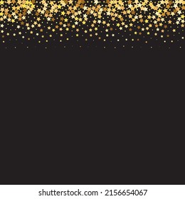 Star Sequin Confetti on Black Background. Christmas Party Frame. Isolated Flat Birthday Card. Golden Stars Banner. Voucher Gift Card Template. Vector Gold Glitter. Falling Particles on Floor.