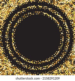 Star Sequin Confetti on Black Background. Christmas Party Frame. Voucher Gift Card Template. Vector Gold Glitter. Falling Particles on Floor. Isolated Flat Birthday Card. Golden Stars Banner.