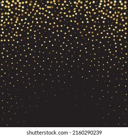 Star Sequin Confetti on Black Background. Isolated Flat Birthday Card. Golden Stars Banner. Voucher Gift Card Template. Vector Gold Glitter. Falling Particles on Floor. Christmas Party Frame.