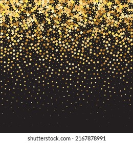 Star Sequin Confetti auf schwarzem Hintergrund. Gutscheinkarten-Vorlage. Weihnachtsfeierrahmen. Einzeln-Flach-Geburtstagskarte. Banner der goldenen Sterne. Vector Gold Glitter. Fallende Partikel auf dem Boden.