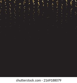 Star Sequin Confetti on Black Background. Vector Gold Glitter. Falling Particles on Floor. Voucher Gift Card Template. Christmas Party Frame. Isolated Flat Birthday Card. Golden Stars Banner.