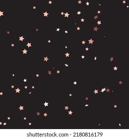 Star Sequin Confetti sobre fondo negro. Glitter de oro vectorial. Cayendo partículas en el suelo. Tarjeta de cumpleaños plana aislada. Cartel de las estrellas de oro. Plantilla de tarjeta regalo de cupón. Marco de fiesta de Navidad.