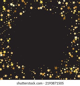 Star Sequin Confetti on Black Background. Voucher Gift Card Template. Isolated Flat Birthday Card. Golden Stars Banner. Christmas Party Frame. Vector Gold Glitter. Falling Particles on Floor.
