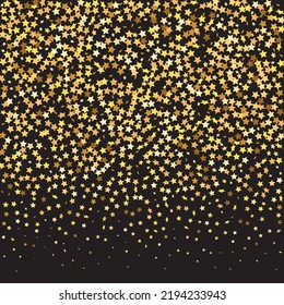 Star Sequin Confetti sobre fondo negro. Tarjeta de cumpleaños plana aislada. Cartel de las estrellas de oro. Plantilla de tarjeta regalo de cupón. Glitter de oro vectorial. Cayendo partículas en el suelo. Marco de fiesta de Navidad.