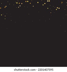 Star Sequin Confetti on Black Background. Isolated Flat Birthday Card. Golden Stars Banner. Vector Gold Glitter. Falling Particles on Floor. Voucher Gift Card Template. Christmas Party Frame.