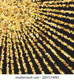 Star Sequin Confetti sobre fondo negro. Marco de fiesta de Navidad. Glitter de oro vectorial. Cayendo partículas en el suelo. Tarjeta de cumpleaños plana aislada. Cartel de las estrellas de oro. Plantilla de tarjeta regalo de cupón.