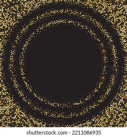 Star Sequin Confetti on Black Background. Vector Gold Glitter. Falling Particles on Floor. Voucher Gift Card Template. Christmas Party Frame. Isolated Flat Birthday Card. Golden Stars Banner.