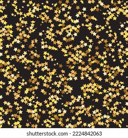 Star Sequin Confetti on Black Background. Voucher Gift Card Template. Christmas Party Frame. Vector Gold Glitter. Falling Particles on Floor. Isolated Flat Birthday Card. Golden Stars Banner.