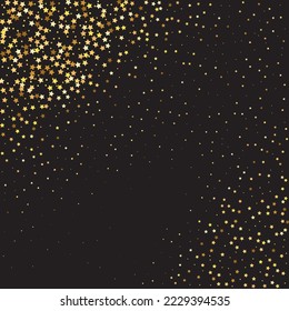 Star Sequin Confetti on Black Background. Vector Gold Glitter. Falling Particles on Floor. Christmas Party Frame. Voucher Gift Card Template. Isolated Flat Birthday Card. Golden Stars Banner.
