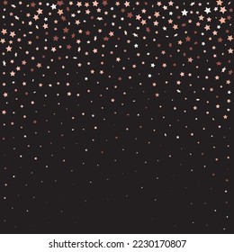 Star Sequin Confetti on Black Background. Christmas Party Frame. Voucher Gift Card Template. Isolated Flat Birthday Card. Golden Stars Banner. Vector Gold Glitter. Falling Particles on Floor.