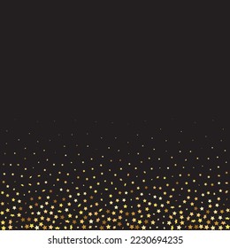 Star Sequin Confetti on Black Background. Vector Gold Glitter. Falling Particles on Floor. Christmas Party Frame. Isolated Flat Birthday Card. Golden Stars Banner. Voucher Gift Card Template.
