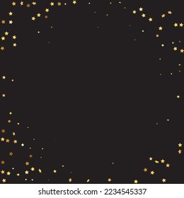Star Sequin Confetti on Black Background. Christmas Party Frame. Vector Gold Glitter. Falling Particles on Floor. Isolated Flat Birthday Card. Golden Stars Banner. Voucher Gift Card Template.