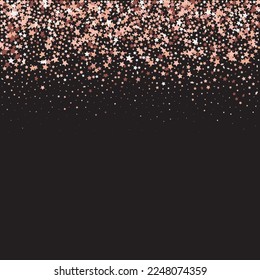 Star Sequin Confetti on Black Background. Isolated Flat Birthday Card. Golden Stars Banner. Vector Gold Glitter. Falling Particles on Floor. Christmas Party Frame. Voucher Gift Card Template.