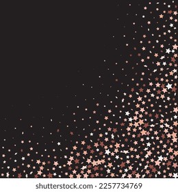 Star Sequin Confetti on Black Background. Christmas Party Frame. Vector Gold Glitter. Falling Particles on Floor. Isolated Flat Birthday Card. Golden Stars Banner. Voucher Gift Card Template.