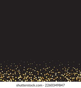 Star Sequin Confetti on Black Background. Isolated Flat Birthday Card. Golden Stars Banner. Voucher Gift Card Template. Vector Gold Glitter. Falling Particles on Floor. Christmas Party Frame.