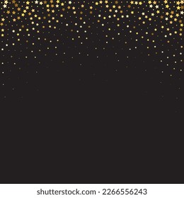 Star Sequin Confetti sobre fondo negro. Tarjeta de cumpleaños plana aislada. Cartel de las estrellas de oro. Plantilla de tarjeta regalo de cupón. Glitter de oro vectorial. Cayendo partículas en el suelo. Marco de fiesta de Navidad.