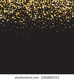 Star Sequin Confetti sobre fondo negro. Plantilla de tarjeta regalo de cupón. Marco de fiesta de Navidad. Glitter de oro vectorial. Cayendo partículas en el suelo. Tarjeta de cumpleaños plana aislada. Cartel de las estrellas de oro.
