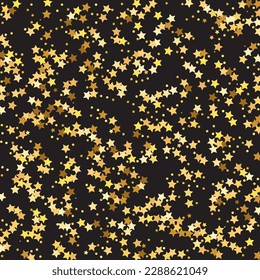 Star Sequin Confetti auf schwarzem Hintergrund. Weihnachtsfeierrahmen. Vector Gold Glitter. Fallende Partikel auf dem Boden. Einzeln-Flach-Geburtstagskarte. Banner der goldenen Sterne. Gutscheinkarten-Vorlage.