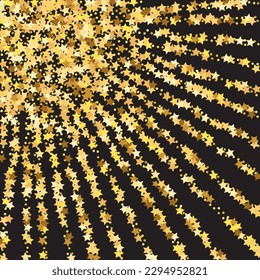 Star Sequin Confetti on Black Background. Vector Gold Glitter. Falling Particles on Floor. Voucher Gift Card Template. Isolated Flat Birthday Card. Golden Stars Banner. Christmas Party Frame.