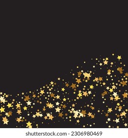 Star Sequin Confetti on Black Background. Isolated Flat Birthday Card. Golden Stars Banner. Christmas Party Frame. Voucher Gift Card Template. Vector Gold Glitter. Falling Particles on Floor.