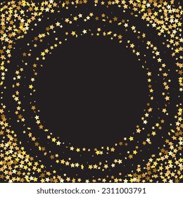 Star Sequin Confetti on Black Background. Isolated Flat Birthday Card. Golden Stars Banner. Vector Gold Glitter. Falling Particles on Floor. Voucher Gift Card Template. Christmas Party Frame.