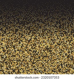 Star Sequin Confetti on Black Background. Vector Gold Glitter. Falling Particles on Floor. Christmas Party Frame. Voucher Gift Card Template. Isolated Flat Birthday Card. Golden Stars Banner.