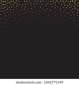Star Sequin Confetti on Black Background. Christmas Party Frame. Vector Gold Glitter. Falling Particles on Floor. Isolated Flat Birthday Card. Golden Stars Banner. Voucher Gift Card Template.