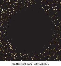 Star Sequin Confetti on Black Background. Isolated Flat Birthday Card. Golden Stars Banner. Voucher Gift Card Template. Christmas Party Frame. Vector Gold Glitter. Falling Particles on Floor.