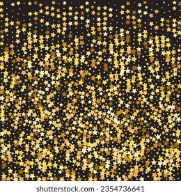 Star Sequin Confetti on Black Background. Isolated Flat Birthday Card. Golden Stars Banner. Vector Gold Glitter. Falling Particles on Floor. Christmas Party Frame. Voucher Gift Card Template.