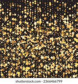 Star Sequin Confetti on Black Background. Voucher Gift Card Template. Christmas Party Frame. Vector Gold Glitter. Falling Particles on Floor. Isolated Flat Birthday Card. Golden Stars Banner.
