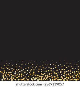 Star Sequin Confetti on Black Background. Isolated Flat Birthday Card. Golden Stars Banner. Voucher Gift Card Template. Vector Gold Glitter. Falling Particles on Floor. Christmas Party Frame.