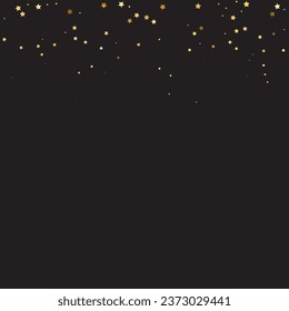 Star Sequin Confetti on Black Background. Isolated Flat Birthday Card. Golden Stars Banner. Voucher Gift Card Template. Christmas Party Frame. Vector Gold Glitter. Falling Particles on Floor.