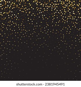 Star Sequin Confetti sobre fondo negro. Glitter de oro vectorial. Cayendo partículas en el suelo. Tarjeta de cumpleaños plana aislada. Cartel de las estrellas de oro. Plantilla de tarjeta regalo de cupón. Marco de fiesta de Navidad.